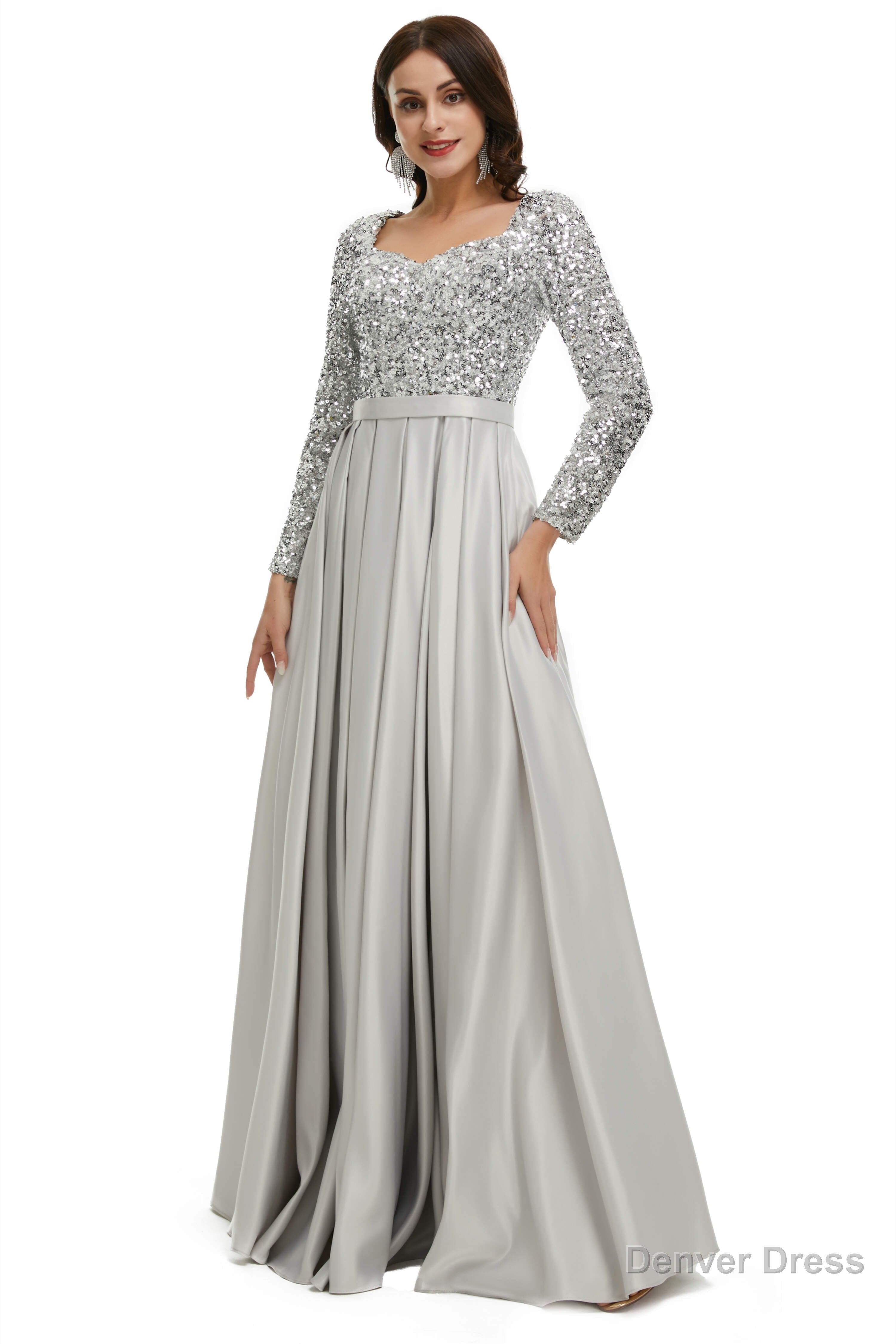 A Line Sequins Sweet Neck Long Sleeve Prom Dresses