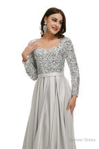 A Line Sequins Sweet Neck Long Sleeve Prom Dresses