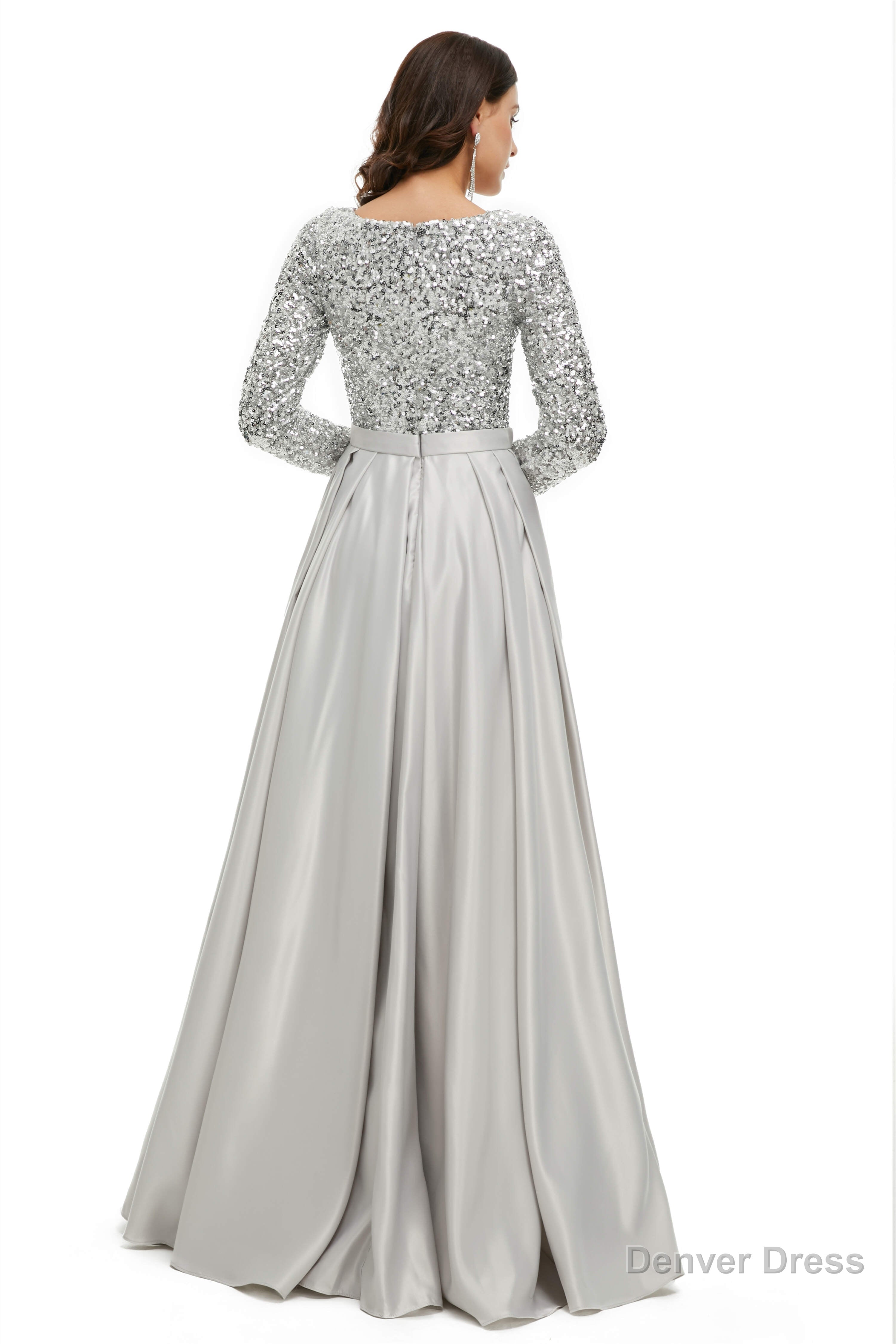 A Line Sequins Sweet Neck Long Sleeve Prom Dresses