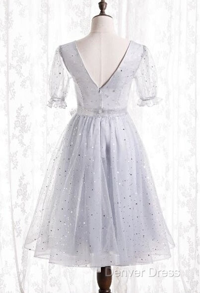 Silver A-Line Short Prom Dress Birthday Dress With Short Sleeves Homecoming Dresses