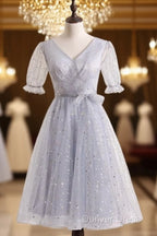 Silver A-Line Short Prom Dress Birthday Dress With Short Sleeves Homecoming Dresses