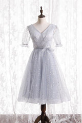 Silver A-Line Short Party Dress Birthday Dress With Short Sleeves Homecoming Dress