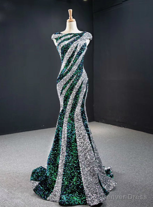 Silver And Green Mermaid Sequins Cap Sleeve Prom Dress Main image