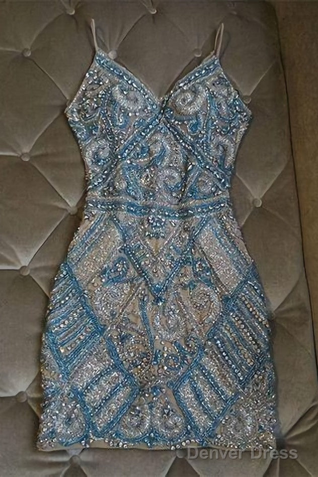Silver And Turquoise Crystal Beaded Homecoming Dresses, Short