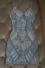 Silver And Turquoise Crystal Beaded Homecoming Dresses, Short