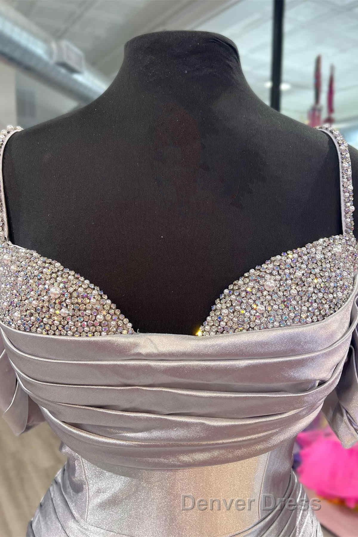 Silver Cold Sleeves Beaded Ruched Mermaid Prom Dresses Secondary image