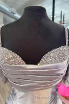 Silver Cold Sleeves Beaded Ruched Mermaid Prom Dresses