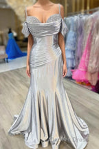 Silver Cold Sleeves Beaded Ruched Mermaid Prom Dresses