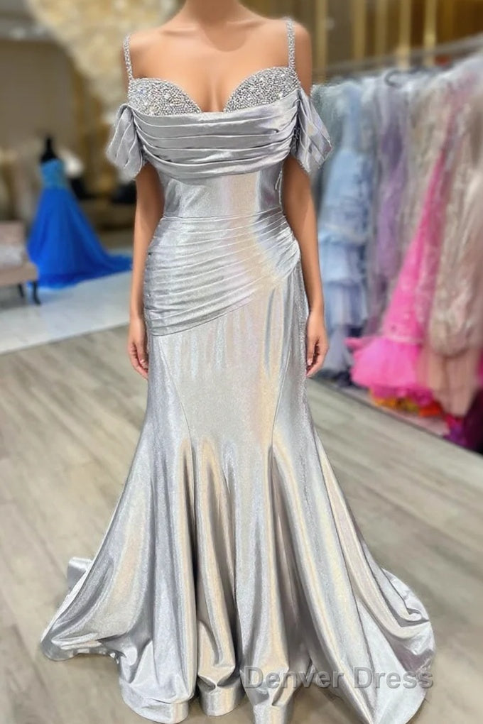 Silver Cold Sleeves Beaded Ruched Mermaid Prom Dresses