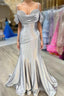 Silver Cold Sleeves Beaded Ruched Mermaid Prom Dresses