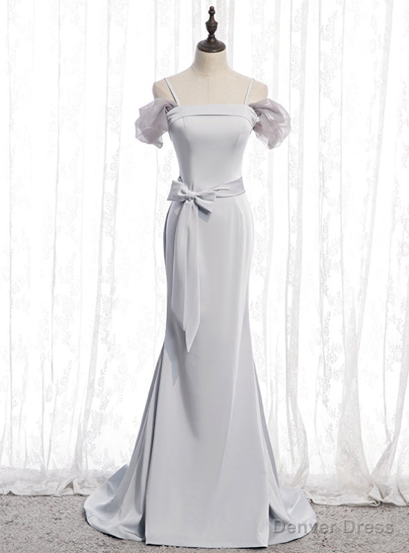Silver Gray Mermaid Satin Spagehtti Straps Prom Dresses With Sash Main image