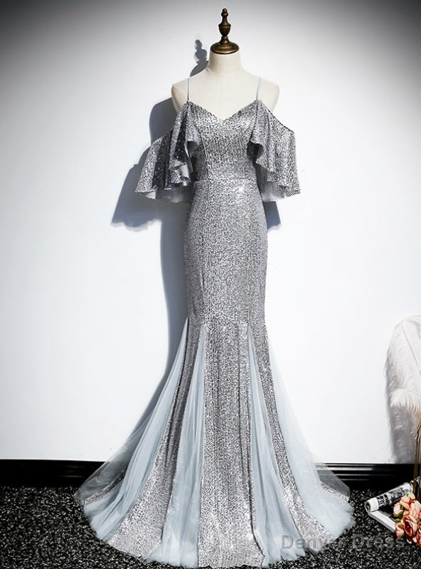 Silver Gray Mermaid Sequins Spaghetti Straps Prom Dresses Main image