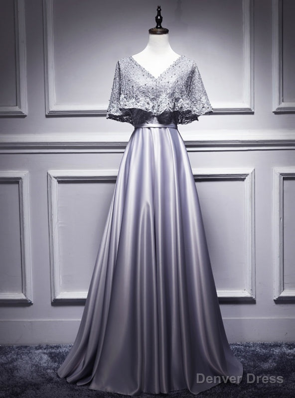 Silver Gray Satin Lace V-neck Bat Pearls Prom Dress Main image