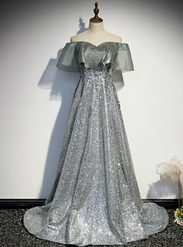Silver Gray Sequins Off the Shoulder Prom Dress Main image