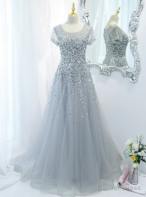 Silver Gray Tulle Beading Sequins Prom Dress Main image
