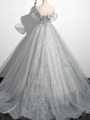 Silver Gray Tulle Lace Prom Dresses, Silver Gray Long Lace Formal Evening Dresses