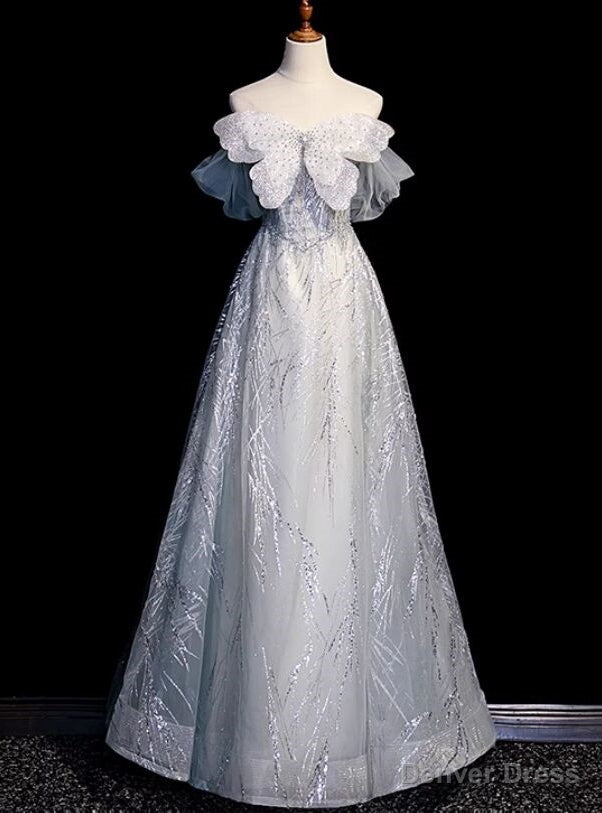 Silver Gray Tulle Sequins Strapless Butterfly Prom Dress Main image