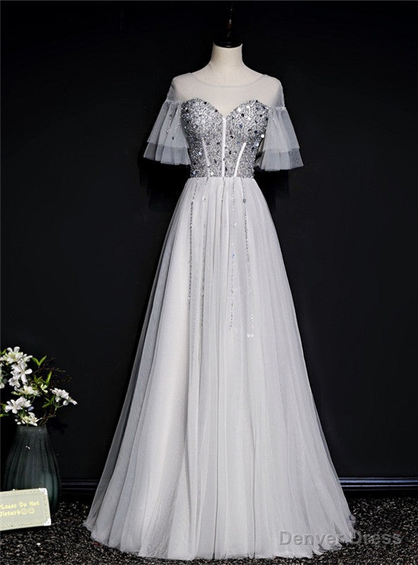 Silver Gray Tulle Short Sleeve Beading Sequins Prom Dress Main image