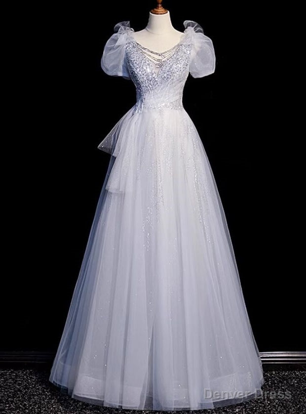 Silver Gray Tulle V-neck Short Sleeve Prom Dress