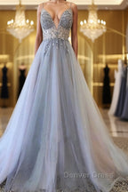 Silver Grey V Neck Floor Length Long Beaded Prom Dress, Grey Long Beaded Prom Dresses