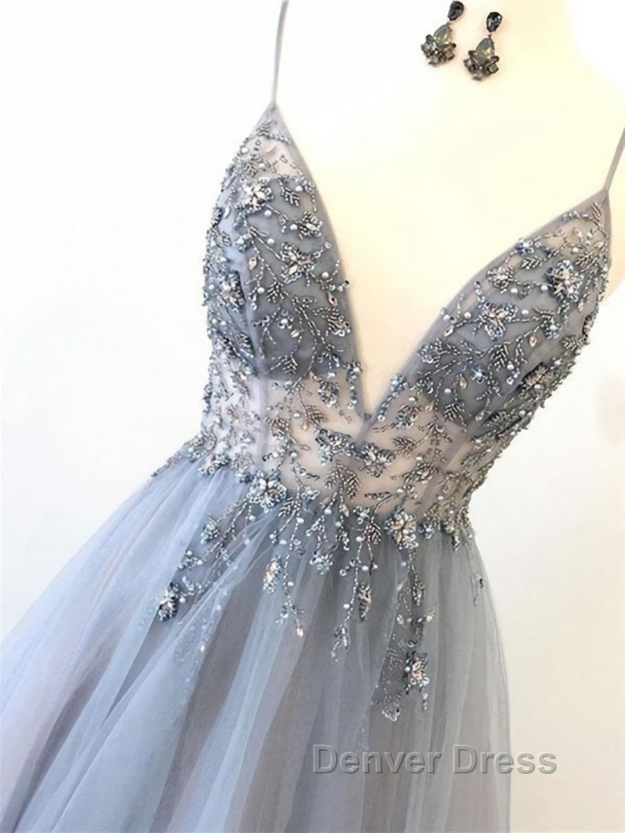 Silver Grey V Neck Floor Length Long Beaded Prom Dress, Grey Long Beaded Prom Dresses Secondary image