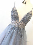 Silver Grey V Neck Floor Length Long Beaded Prom Dress, Grey Long Beaded Prom Dresses