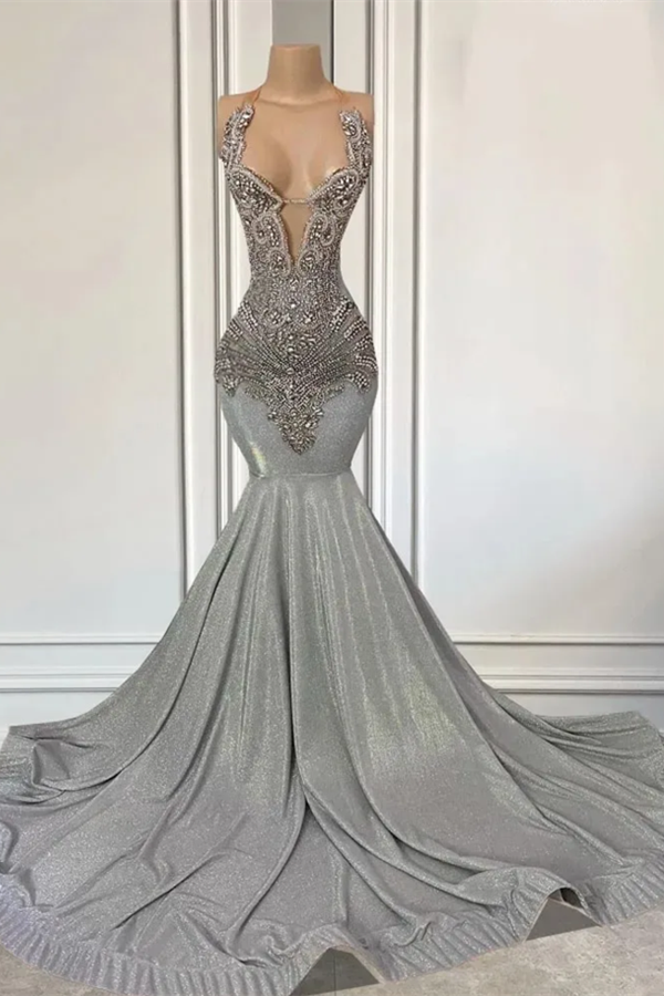 Silver Halter Mermaid Prom Dress With Beadings Main image