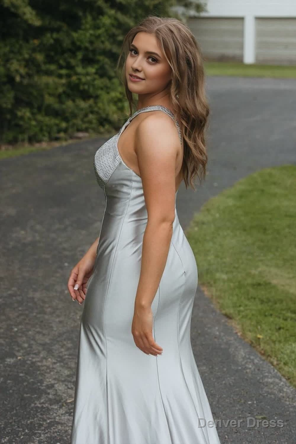 Silver Halter Mermaid Satin Beaded Prom Dress With Split Secondary image