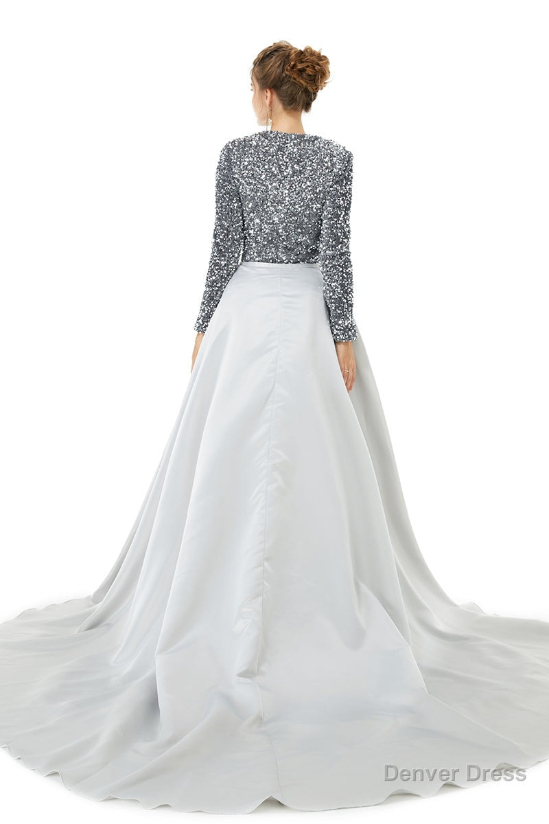 Long sleeve Sequin Prom Dresses with Detachable Skirt