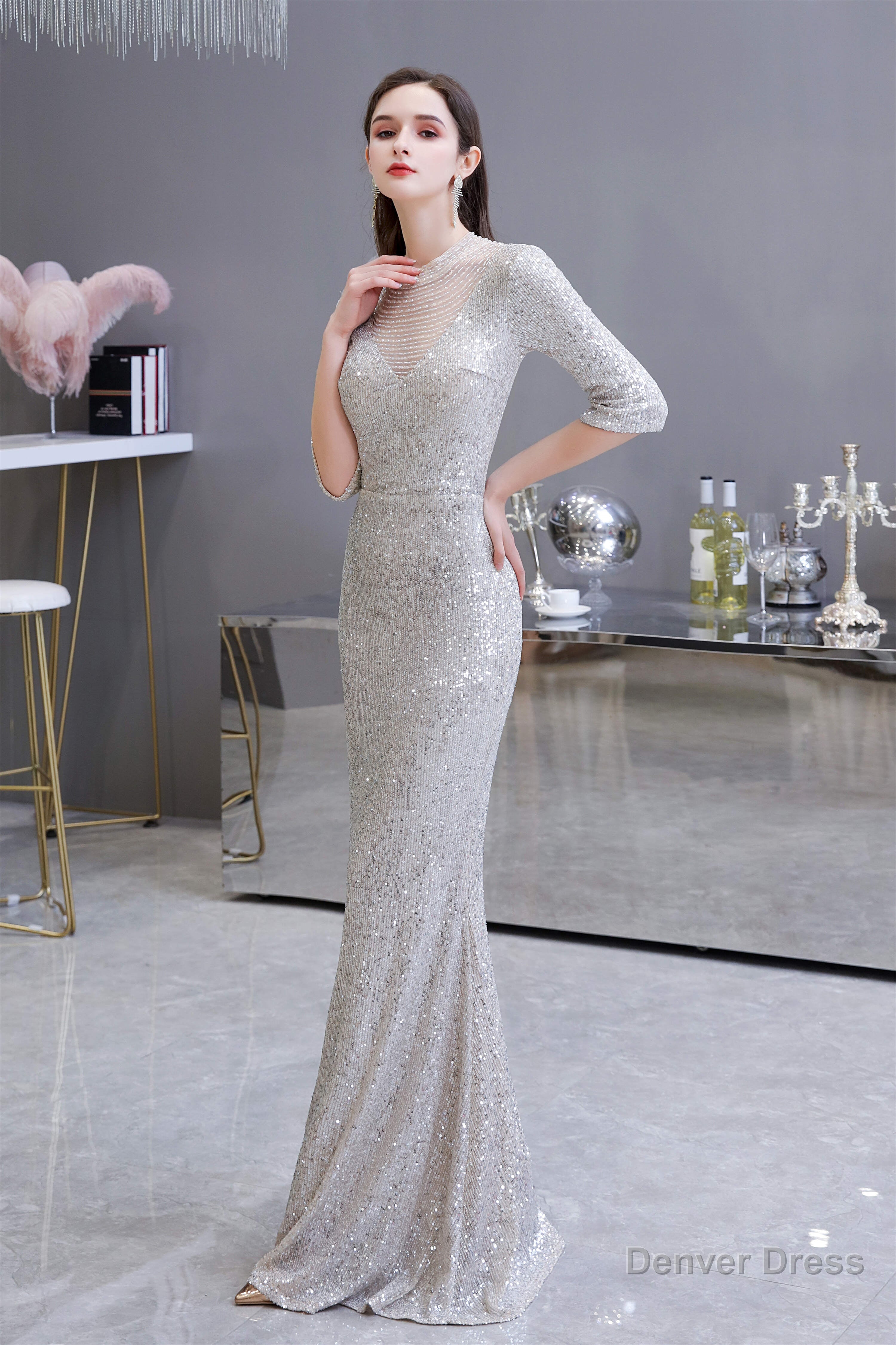 Silver Long sleeves Long Prom Dresses Main image