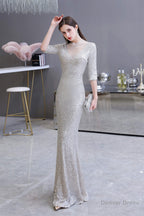 Silver Long sleeves Long Prom Dresses
