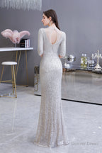 Silver Long sleeves Long Prom Dresses