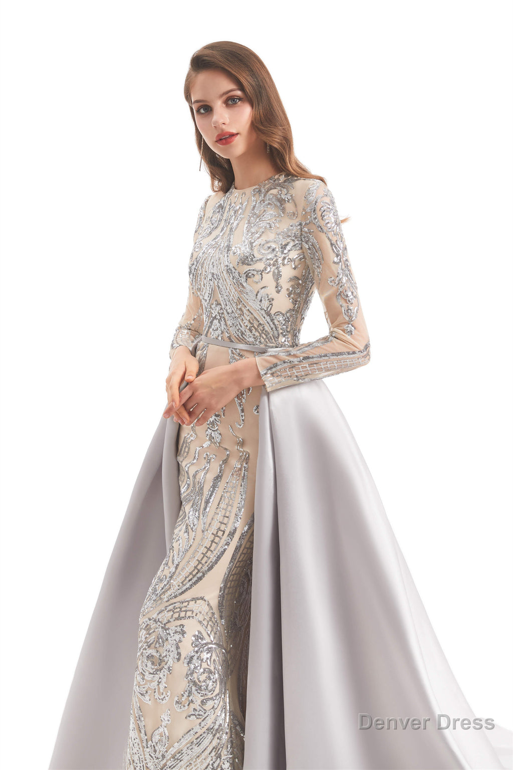 Long Sleeves Mermaid Detachable Train Prom Dresses with Train Sequined