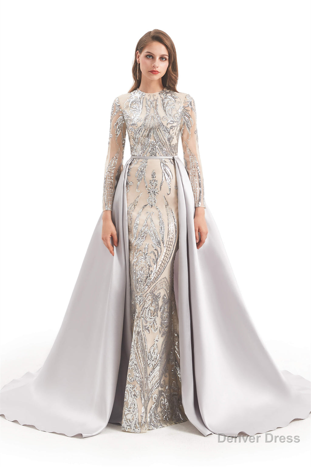 Long Sleeves Mermaid Detachable Train Prom Dresses with Train Sequined