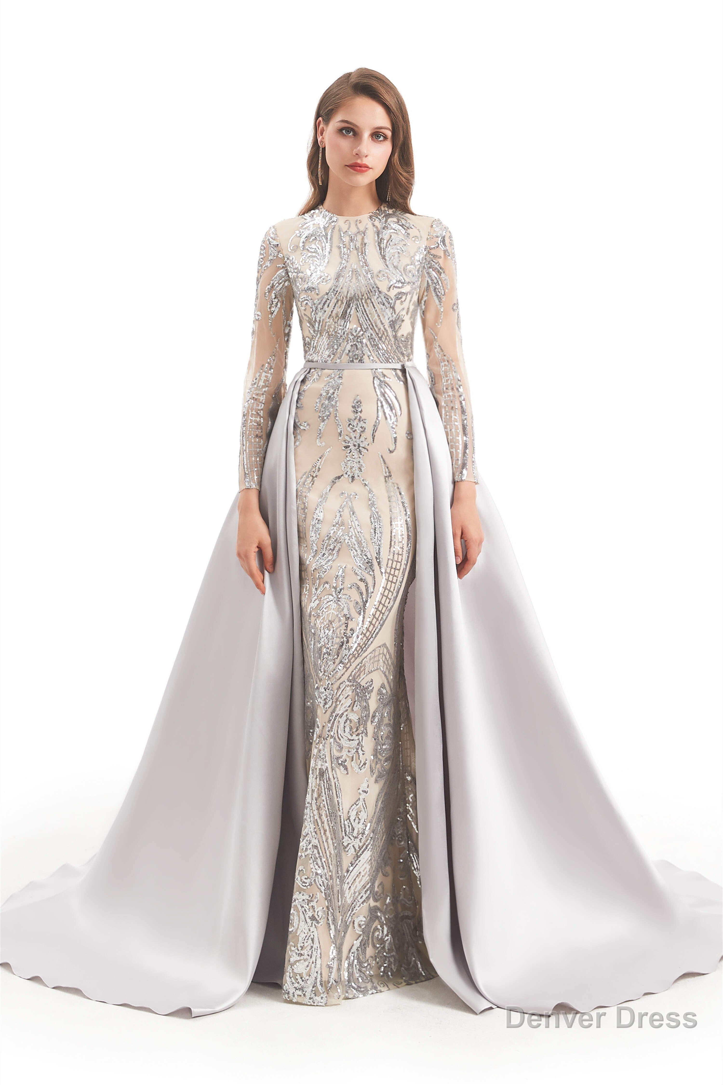 Long Sleeves Mermaid Detachable Train Prom Dresses with Train Sequined