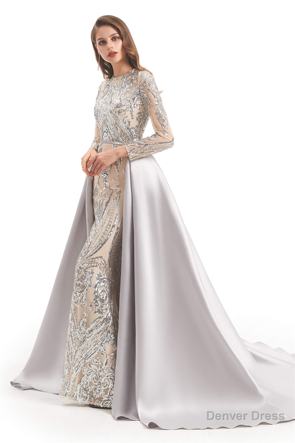 Long Sleeves Mermaid Detachable Train Prom Dresses with Train Sequined