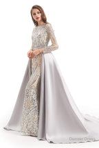 Long Sleeves Mermaid Detachable Train Prom Dresses with Train Sequined