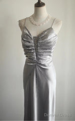 Silver Meimaid Satin Spaghetti Straps Beaded Long Prom Dress Sweetheart Neckline Formal Evening Dress