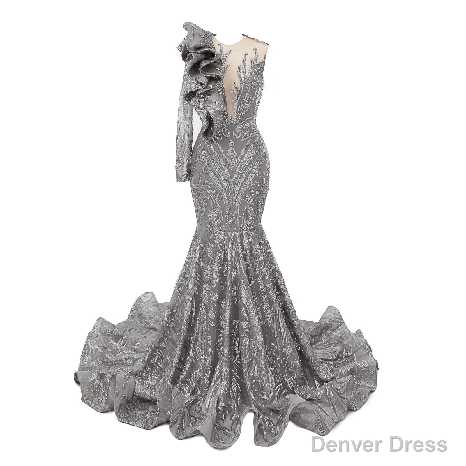 Silver Mermaid One Sleeve Prom Dresses Sequined Lace Jewel Ruffles Evening Party Dress with Appliques