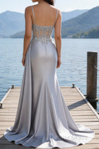 Silver Mermaid Pleated Sheer Long Corset Satin Prom Dresses With Slit