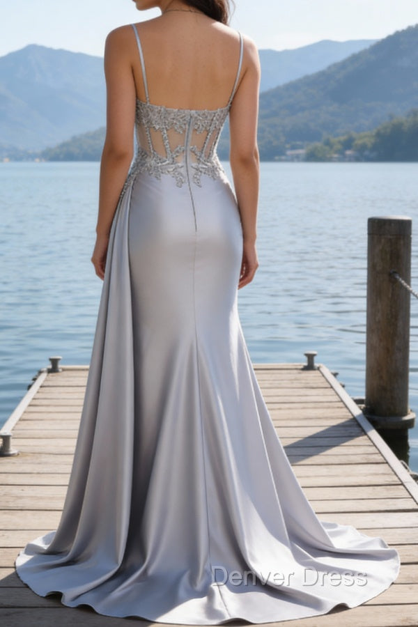Silver Mermaid Pleated Sheer Long Corset Satin Prom Dresses With Slit