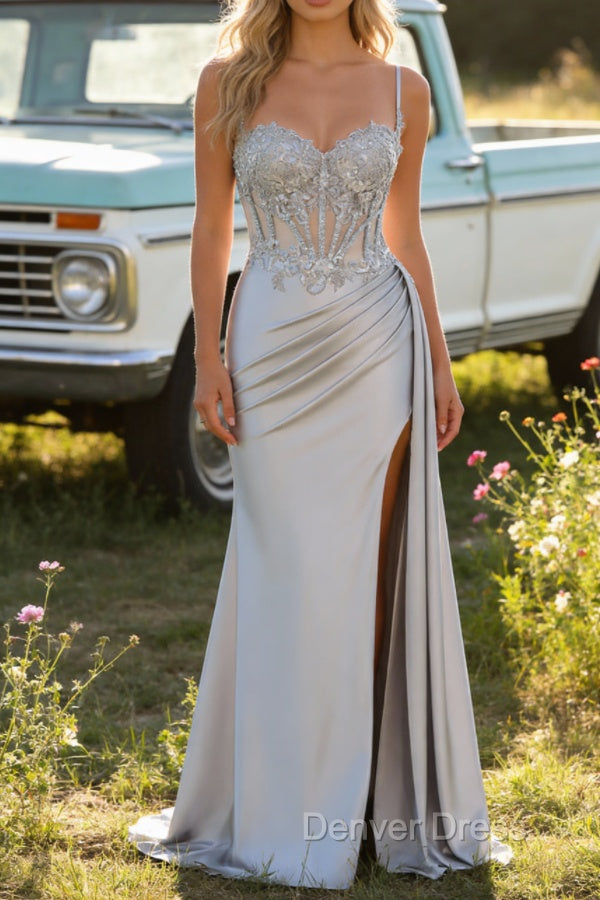 Silver Mermaid Pleated Sheer Long Corset Satin Prom Dresses With Slit Main image