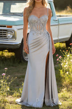 Silver Mermaid Pleated Sheer Long Corset Satin Prom Dresses With Slit