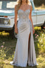Silver Mermaid Pleated Sheer Long Corset Satin Prom Dresses With Slit
