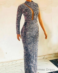 Silver Mermaid Sequin Prom Dresses One Shoulder