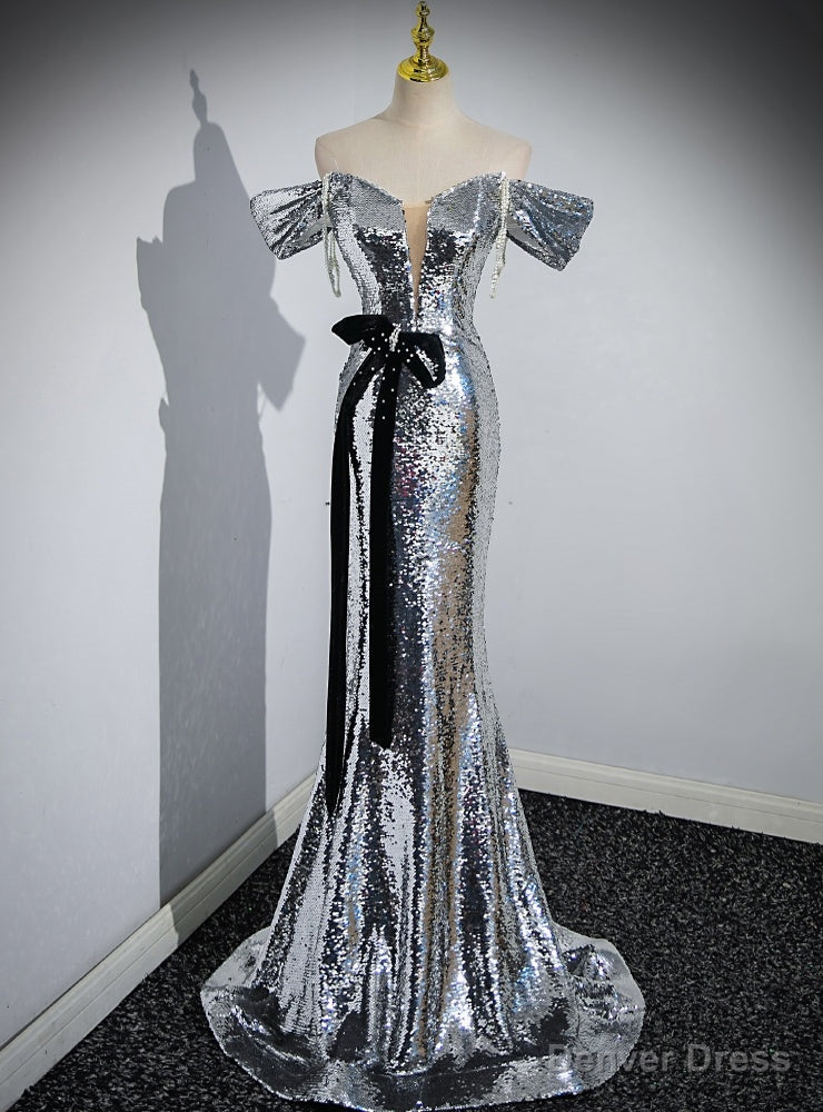 Silver Mermaid Sequins Off the Shoulder Bow Prom Dress Main image