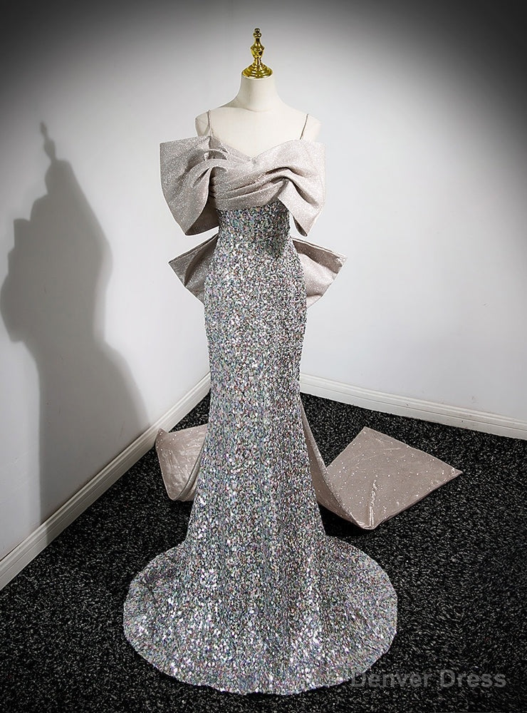 Silver Mermaid Sequins Spaghetti Straps Prom Dresses With Bow Main image