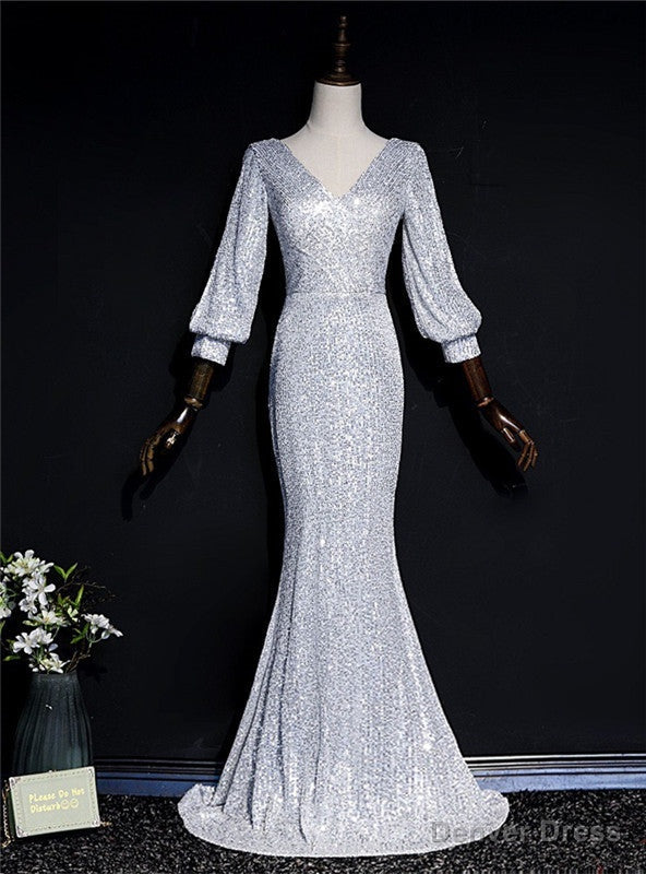 Silver Mermaid Sequins V-neck Long Sleeve Prom Dress