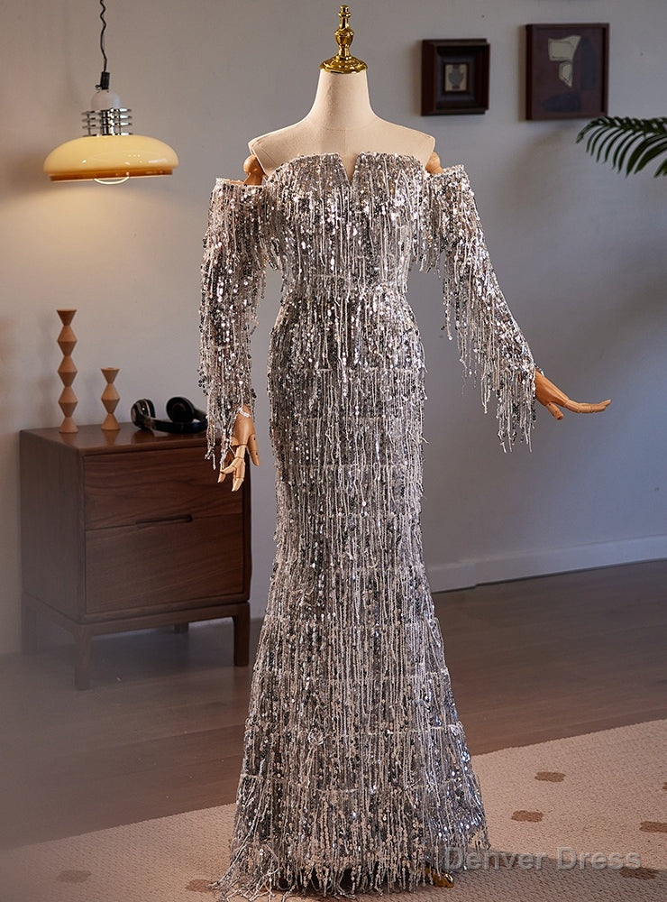 Silver Mermaid Tassel Sequins Long Sleeve Prom Dress Main image