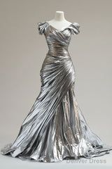 Silver Mermaid V-Neck Long Prom Dress Simple Simple Formal Evening Dress